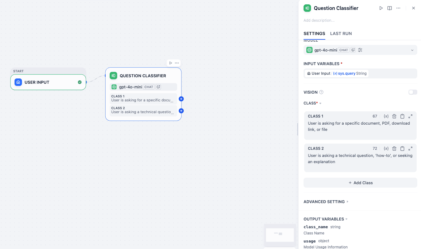 Question Classifier node settings