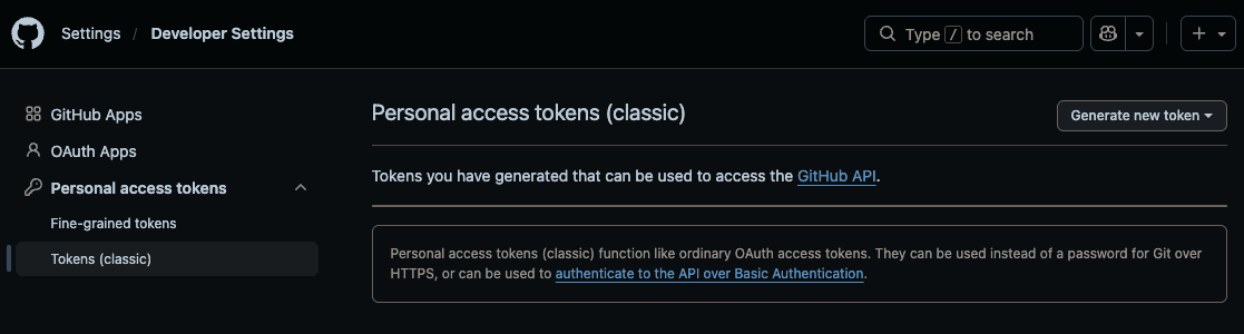 Github personal access token settings
