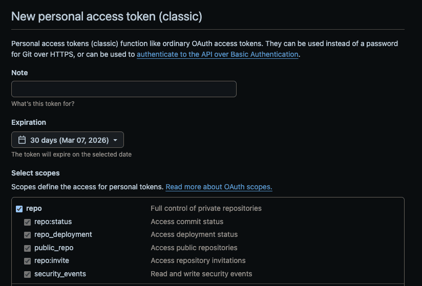 Github personal access token Scopes