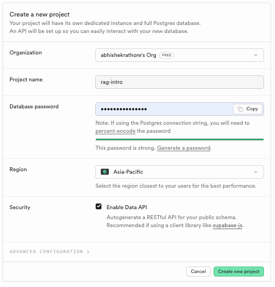 New Project setup in Supabase